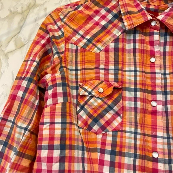 Panhandle large plaid checks orange front pocket Pearl snap button 100% cotton - Picture 3 of 8